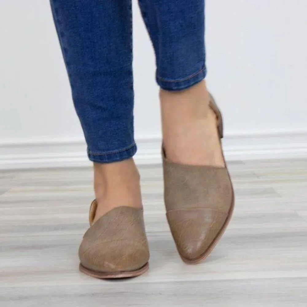 Tan Taupe Opened Side Pointy Slip On Flat Loafer - Picture 4 of 7